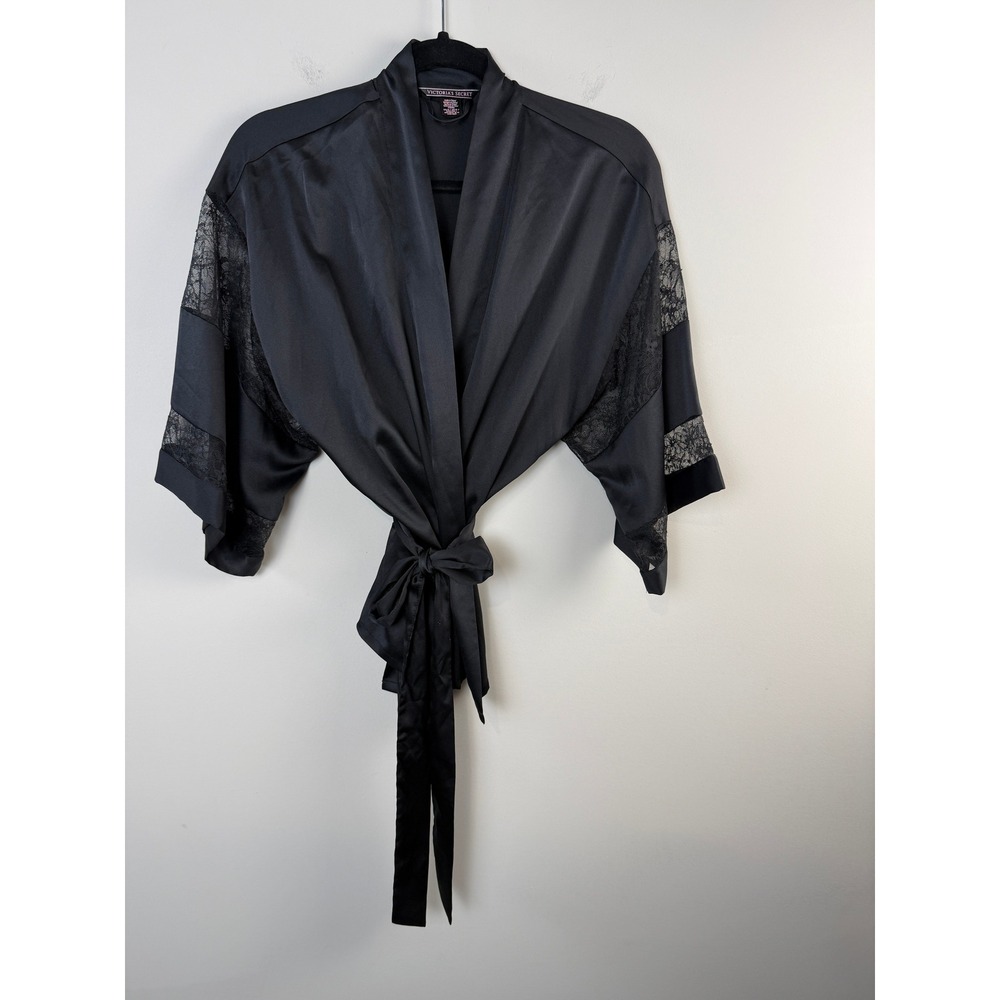 Victoria's Secret Robe Women XS/S Black Satin Lace Trim Kimono Short Wrap